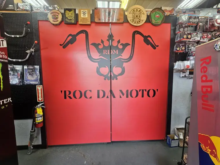 The Roc Da Moto garage doors open with bikes inside